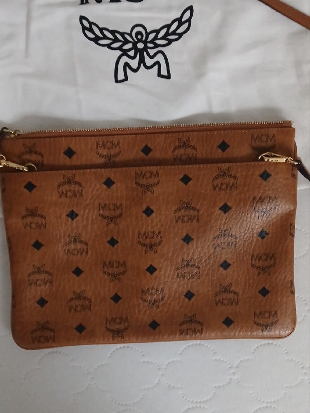 MCM Cognac Monogram Leather Crossbody Pouch - Picture 5 of 9